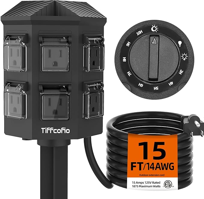 TiFFCOFiO Outdoor Power Strip Timer, Dusk to Dawn Light Sensor Countdown, 6 Feet Extension Cord Waterproof, 6 Grounded Outlets for Halloween and Christmas Decorations, ETL Listed (15 FT)