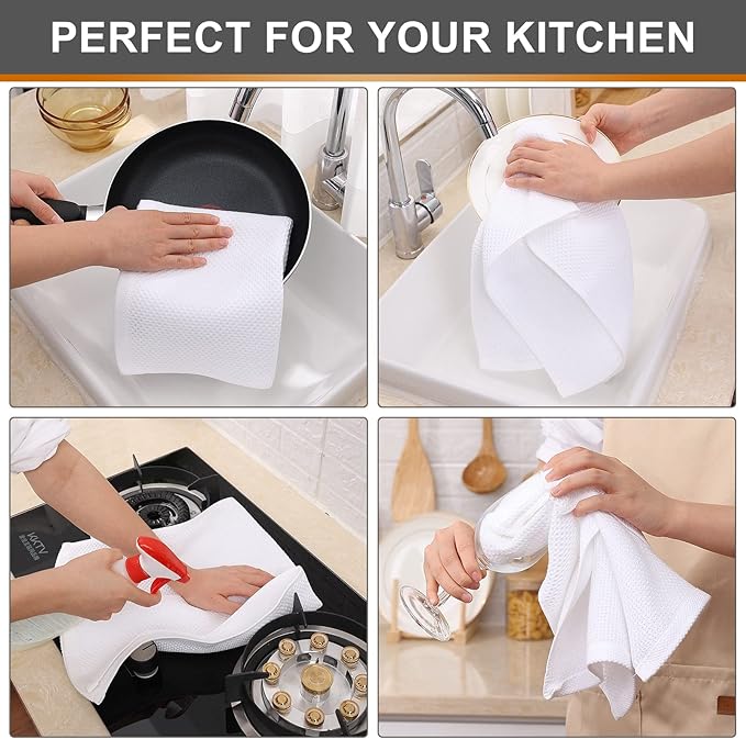 Kitinjoy 100% Cotton Waffle Weave Kitchen Towels, 8-Pack Super Soft and Absorbent Dish Towels for Drying Dishes, Kitchen Hand Towels, 13 in x 28 in, White
