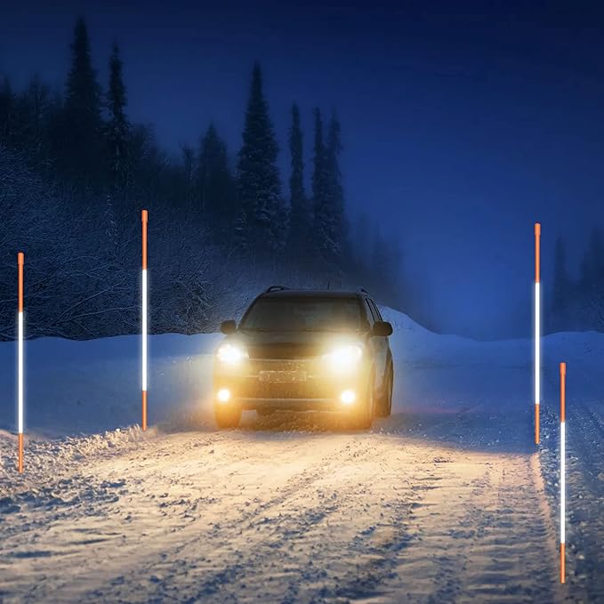 Hourleey 100 Pack 48" Reflective Driveway Markers, 5/16 Inch Dia Snow Stakes with Fiberglass Pole & Hammer Cap, Visibility Safety Markers Reflective Strip for Snow Plowing and Landscape