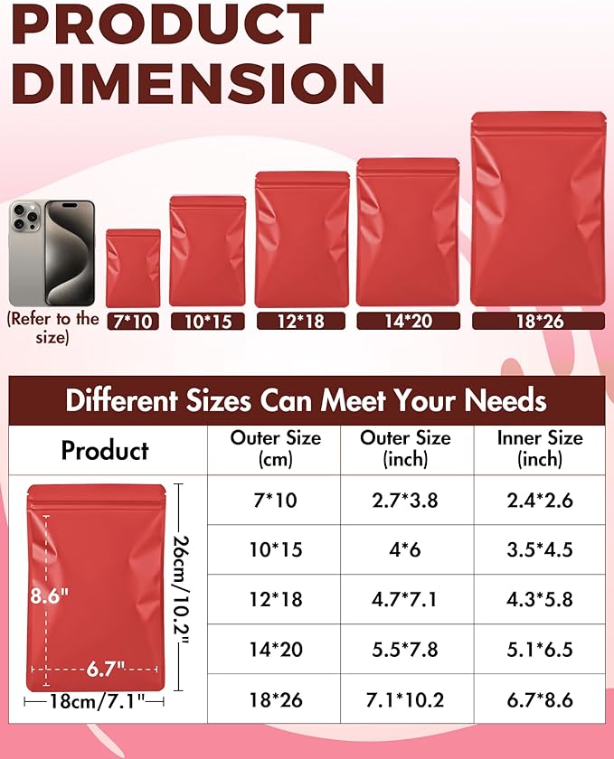 FireKylin 100 Pack Resealable Packaging Bags for Small Business Double-Sided Color Smell Proof Bags for Food Storage Flat Bags (Red, 7.1" x 10.2")