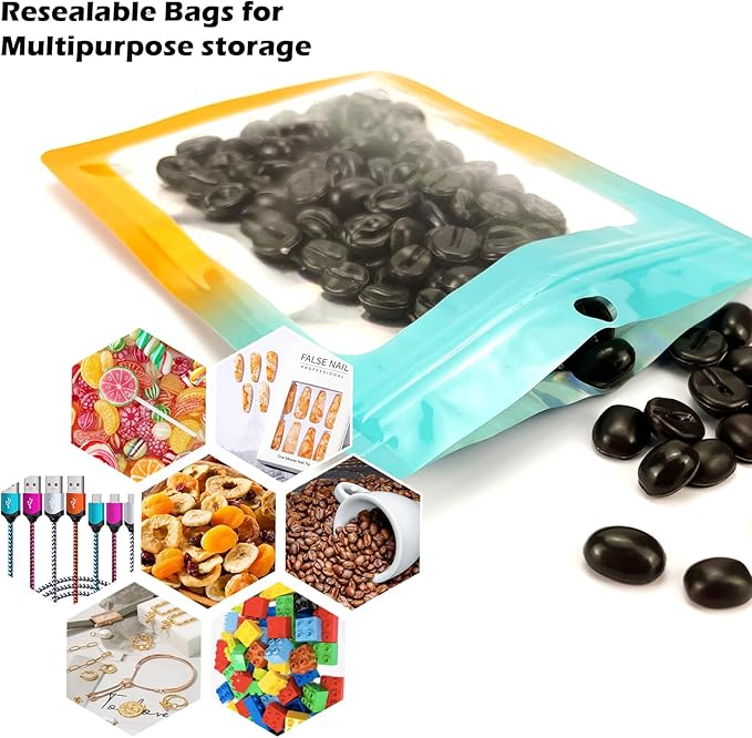 300 Pcs Holographic Mylar Bags, 3 Size Smell Proof Bags with Clear Window Foil Pouch Bags Resealable Bags for Small Business and Food Storage, Blue Orange