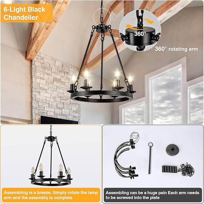 Wagon Wheel Chandelier, 6-Light Black Modern Rustic Farmhouse Chandelier Adjustable Height Pendant Kitchen Light for Ceiling Hanging Dining Room, Living Room, Entryways, Foyer