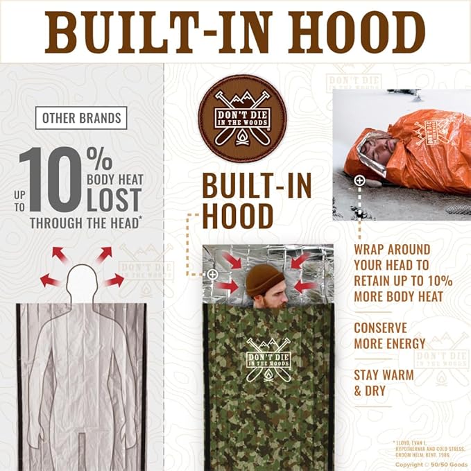 Don’t Die in The Woods - Survival Bivy - Emergency Sleeping Bag with Hood - Made with Extra-Thick Space Blanket Thermal Mylar