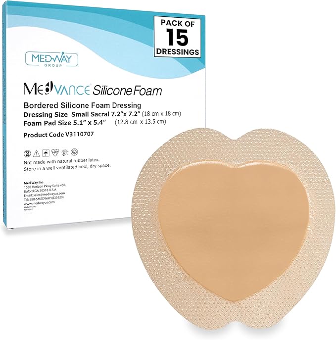 MedVance TM Silicone - Sacral Bordered Silicone Adhesive Foam Wound Dressing, Bed Sore Treatment Bandage for Sacrum, Size 7"x 7", Box of 15 dressings