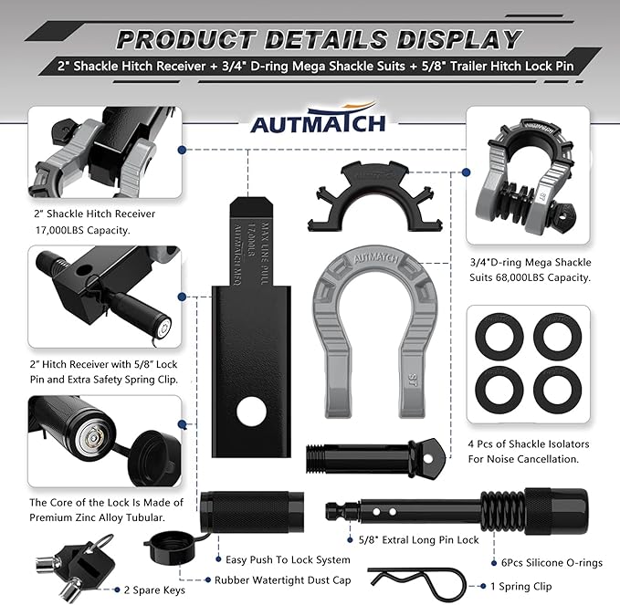 AUTMATCH Shackle Hitch Receiver 2" with 3/4" Mega D Ring Shackle and 5/8" Trailer Hitch Lock Pin, 68,000 Lbs Break Strength Heavy Duty Receiver Towing Kit for Off-Road Vehicle Recovery, Black & Gray
