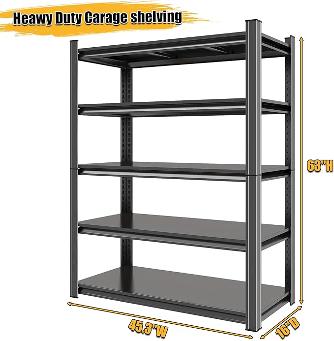 2500LBS Heavy Duty Garage Shelving Units, Storage Shelves, Metal Garage Shelves, Large Storage Rack, Steel Shelf, Industrial Shelving for Shop, Warehouse, Basement, Home Office, Black