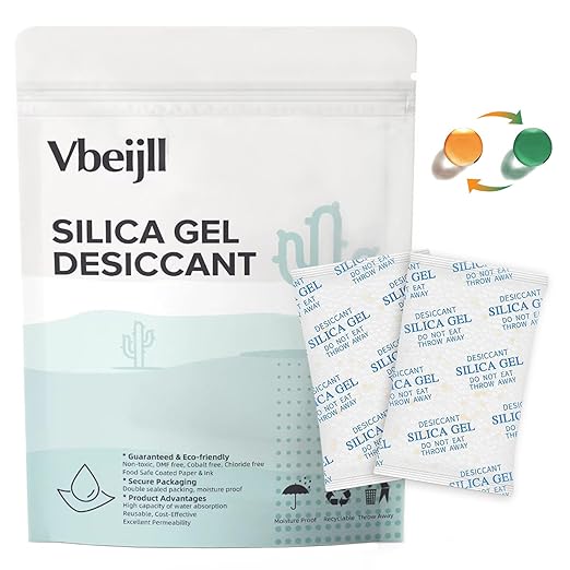 50 Gram (10 Pack) Color-Indicating Silica Gel Packets, Premium Food Grade Desiccant - Rechargeable Moisture Absorbers for Food Storage, Electronics, 3D Filament & Safes
