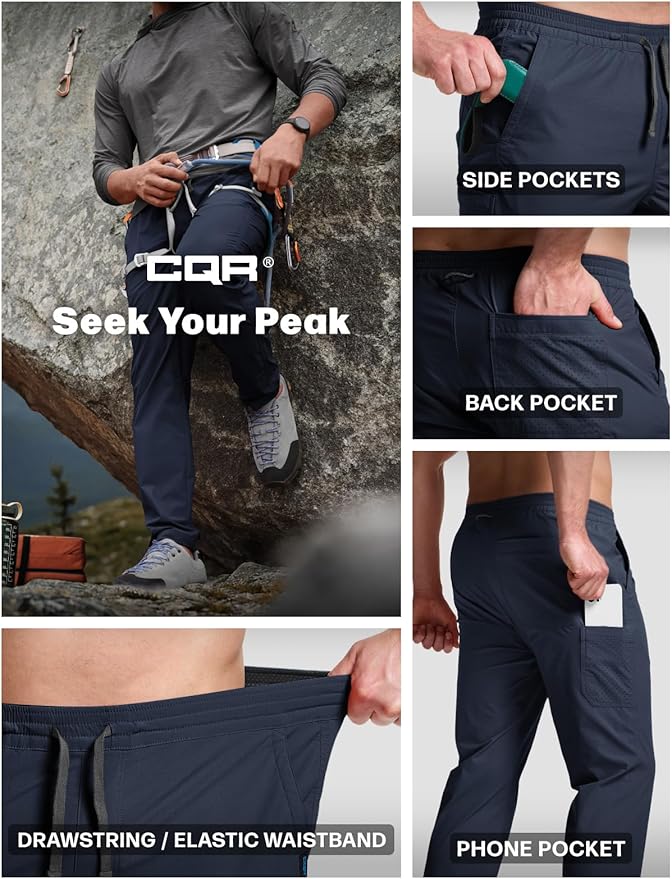 CQR Men's Lightweight Vent Hiking Pants, Water-Resistant & Breathable Sports Outdoor Athletic Pants with Elastic Waist
