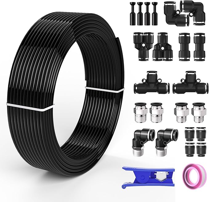 3/8 Air line,3/8" inch OD Air Hose Kit,Airline Tubing Repair Kit Compressor Tube with Push to Connectors Fittings (Black-32.8FT/10M)