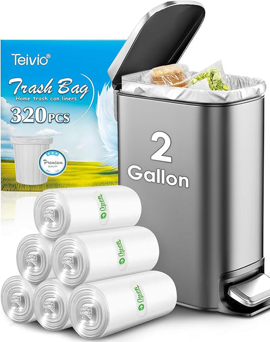 Teivio 2 Gallon 320 Counts Strong Trash Bags Garbage Bags, Bathroom Trash Can Bin Liners, Small Plastic Bags for Home Office Kitchen Kitchen (Clear)