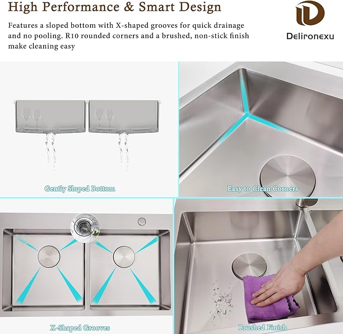 33 Inch Double Bowl Kitchen Sinks Drop In – Delironexu 16 Gauge Stainless Steel Kitchen Sink Double Bowl, 33x19 Drop In Double kitchen sink with Brushed Finish, 6 Inch Deep 50/50 Overmount Sink