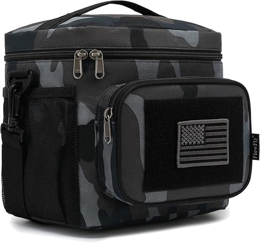 FlowFly Lunch Bag, Insulated Cooler, Thermal Lunch Box Tote with MOLLE/PALS Webbing, Adjustable Padded Shoulder Strap, for Tactical Men Women Adults and Boys Girls Kids (Black#Camo, Medium)