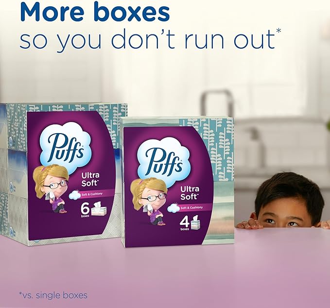 Puffs Ultra Soft Facial Tissues, 4 Family Size Boxes, 124 Facial Tissues Per Box