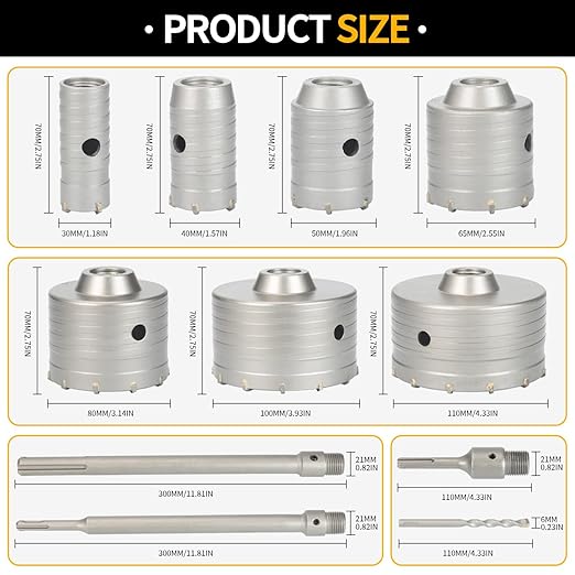 Concrete Hole Saw Kit of 20PCS & Hole Saw Set with SDS Plus & Max Shank Wall Hole Saw Drill Bit for Concrete Brick Stone Cement Wall