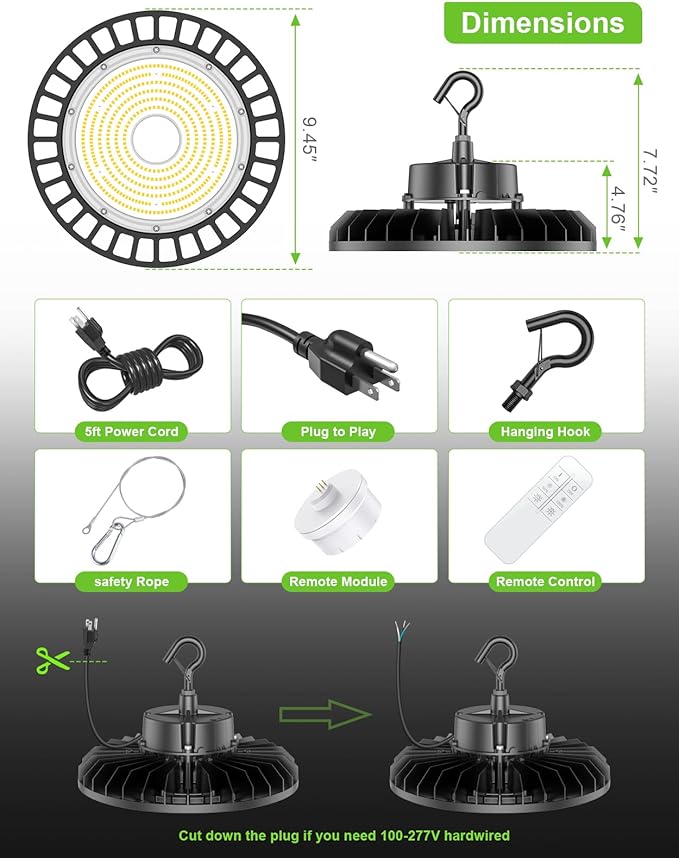 150W UFO LED High Bay Light Dimmable with Remote Control 22500lm 5000K UFO ETL DLC Listed High Bay LED Shop Lights for Warehouse Garage AC 100-277V