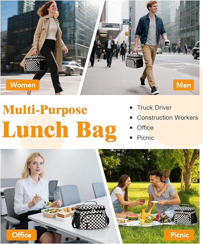 Insulated Lunch Bag for Men & Women - Leakproof Lunch Box Soft Cooler Tote, Adjustable Strap, Reusable Lunch Box for Work Office Picnic Beach Travel-Corduroy Black Checkered