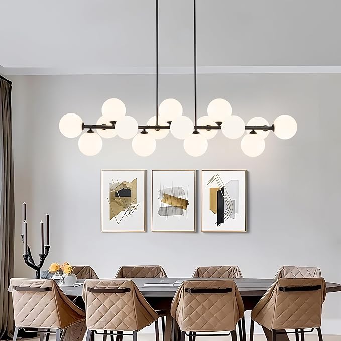 Linear Chandeliers for Dining Room, 55in Large Modern Globe Chandelier 16-Light Large Pendant Lights Kitchen Island Lighting with Milk White Glass Sputnik Chandelier Bubble Sputnik Light Fixture