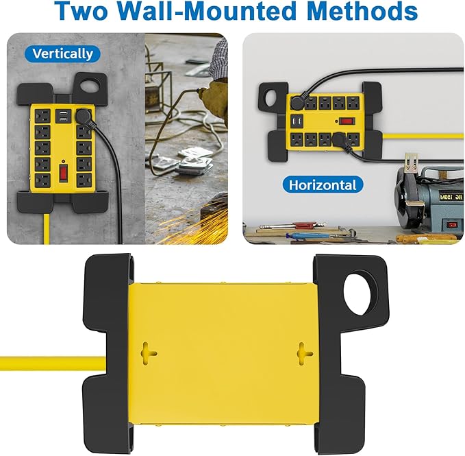CCCEI Heavy Duty Power Strip with USB Ports, Garage 10 Outlets Surge Protector 2700 Joules, Industrial Workshop Metal 15Amp Multiple Outlets, 10 FT Extension Cord and Wide Spaced Yellow.