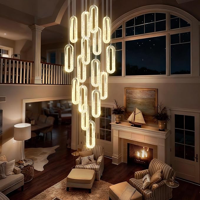 H138 Large Chandelier for High Ceiling,Modern 16-Rings Crystal Chandeliers for Entryway,Silver Pendant Light for Living Room,Foyer,Entryway LED Dimmable Staircase Chandelier