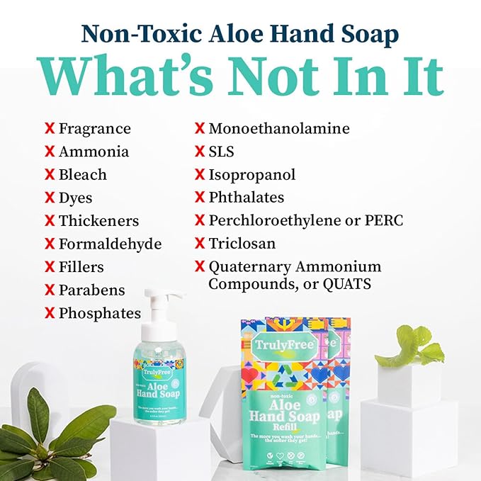 Truly Free Aloe Unscented Hand Soap - 10x Concentrated Aloe Vera, Non-Drying Gentle Cleanser - Bathroom Hand Soap - 1 Empty Bottle with Foaming Dispenser Pump + 2 Moisturizing Hand Soap Refill Pouches
