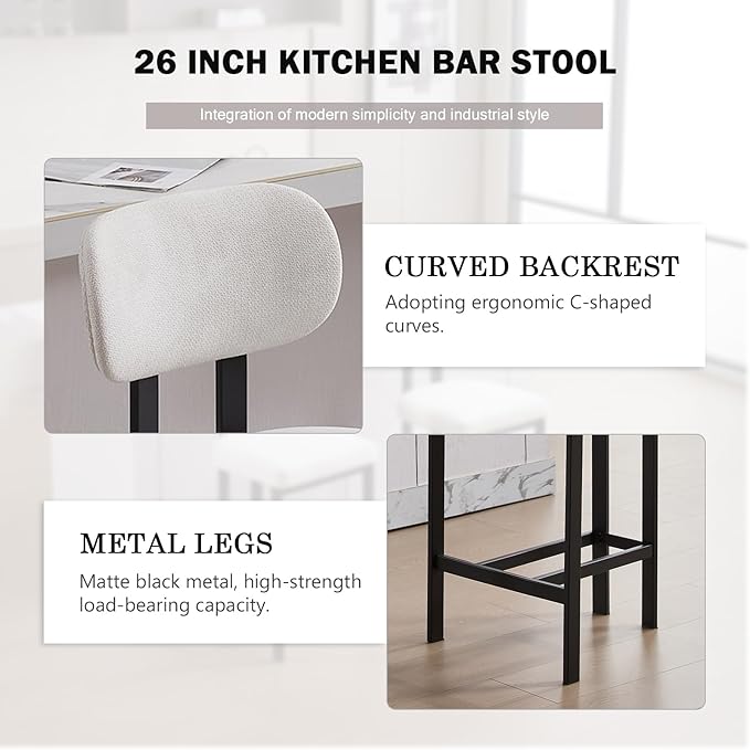 Modern Counter Stools Set of 2, 26" Upholstered Barstools with Back, Sturdy Black Metal Legs Dining Stools with Footrest for Home Pub Kitchen, Cream