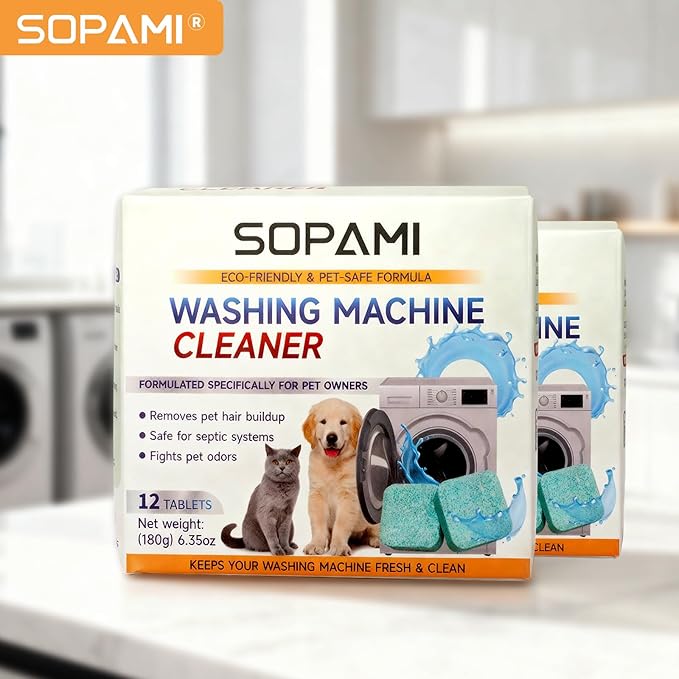SOPAMI 24 Washing Machine Cleaner Tablets for Pet Owners HE Front Load and Top Load Washer Deep Cleaning Septic Safe Removes Stubborn Pet Hair Eliminates Pet Odors Prevents Pet Dander Build Up
