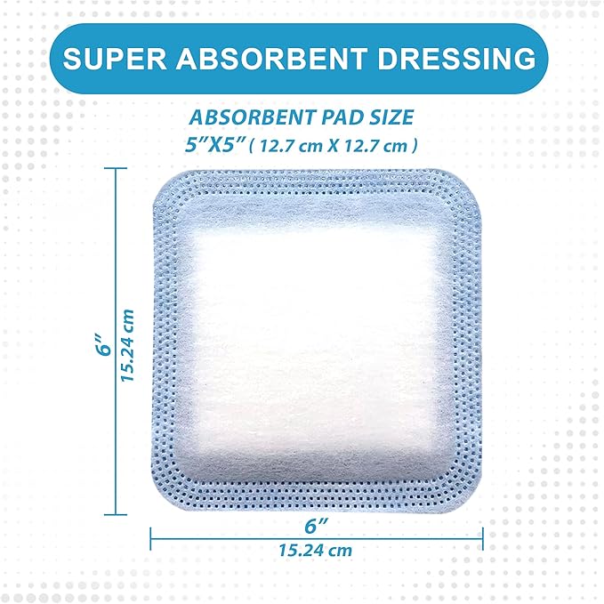 MedVance Super Absorbent Dressing, Non-Adhesive Pads for Wound Care, for Pressure Ulcers & 1st/2nd Degree Burns, Superior Moisture Absorption, Box of 5 dressings (6"x6" Bandage, 5"x5" Absorbent Pad)