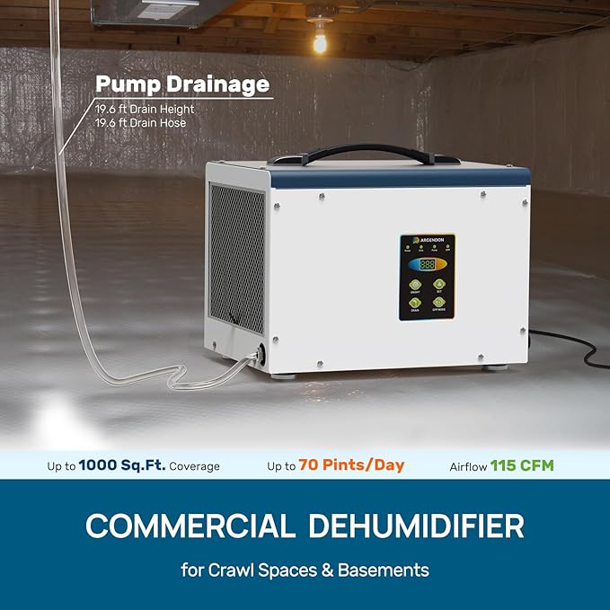 ARGENDON Crawlspace Dehumidifier with Pump, 70 Pint Commercial Dehumidifier for Basement with Drain Hose, Auto Defrost, Memory Starting, Compact, GLGR, Up to 1000 Sq Ft, 5 Years Limited Warranty
