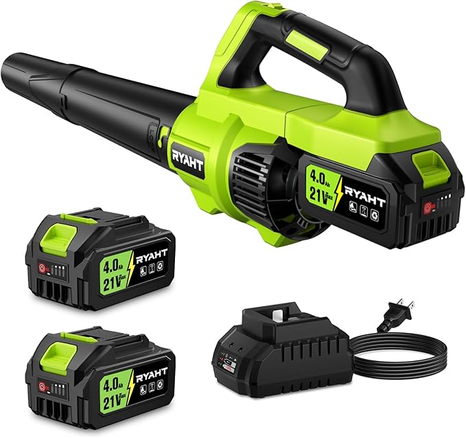 RYAHT Leaf Blower Cordless, 21V Powerful Electric Leaf Blower with 2 X 4.0Ah Batteries and Charger, 2 Speed Modes, Handheld Lightweight Leaf Blowers for Lawn Care, Patio, Dust, Blowing Leaves, Green