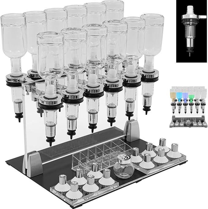 Manual Perfume Dispenser 12 Bottle Station w/200ml Dispenser Pumps, 12 Pump Heads and 12 Testing Cups