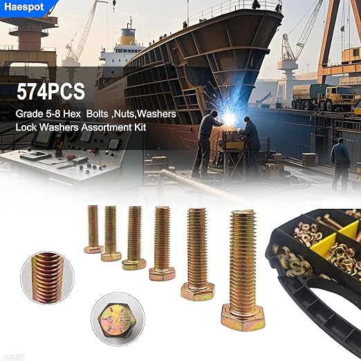 574PCS Haespot 5 to 8 Grade Alloy Steel Heavy Duty Bolt and Nut Assortment Kit, Corrosion-Resistant and Durable,1/4"-20，5/16"-18，3/8"-16 SAE Hex Bolt, Multi-Size, Professional Storage