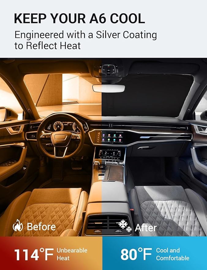 Proadsy 2025 Upgrade Windshield Sun Shade Custom Fit 2019-2023 2024 2025 Audi A6 Foldable Front Sunshade Protector Sun Visor Blocks UV Rays Keep Car Cooler