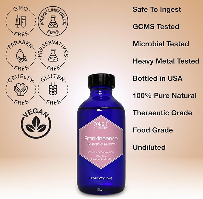 Frankincense Essential Oil, Food Grade, for Face – 100% Pure, Frankincense, Resin, Oil, Boswellia Serrata, Edible, by Zongle Therapeutics, 4 OZ