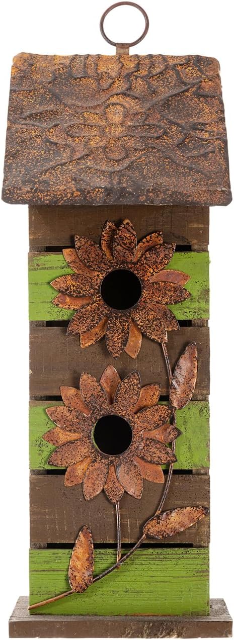 Glitzhome Bird Houses for Outside, 14.45" H Wooden Garden Hanging Bird House Two-Tiered Distressed with Flowers Decorative Birdhouse for Outdoors
