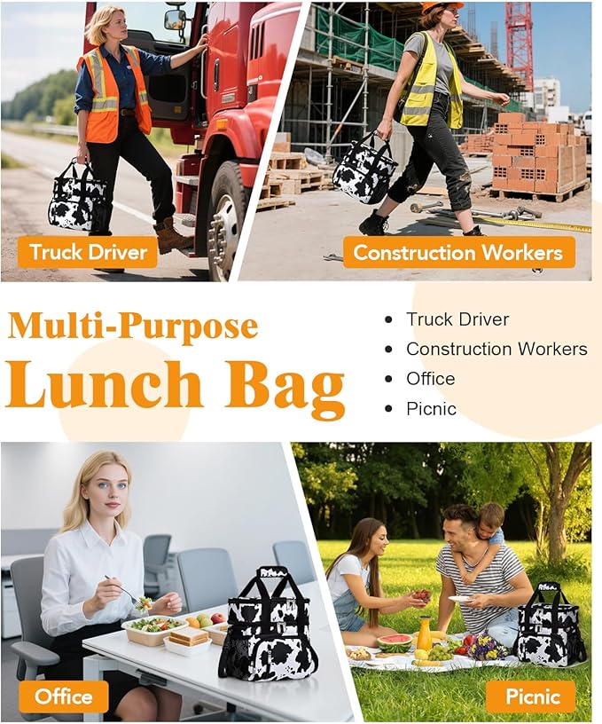 Lunch Box for Women, Double Insulated Lunch Bag Reusable Leakproof Cooler Bag Portable Picnic Food Bag, Adult Lunch Tote Lunch Bag for Work, Construction Worker, Truck Driver-Cow Print