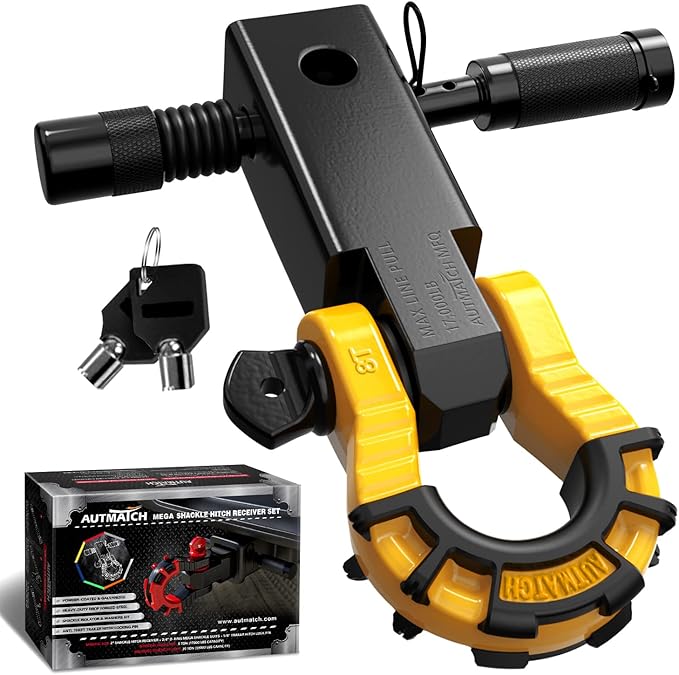 AUTMATCH Shackle Hitch Receiver 2" with 3/4" Mega D Ring Shackle and 5/8" Trailer Hitch Lock Pin, 68,000 Lbs Break Strength Heavy Duty Receiver Towing Kit for Off-Road Vehicle Recovery, Black & Yellow