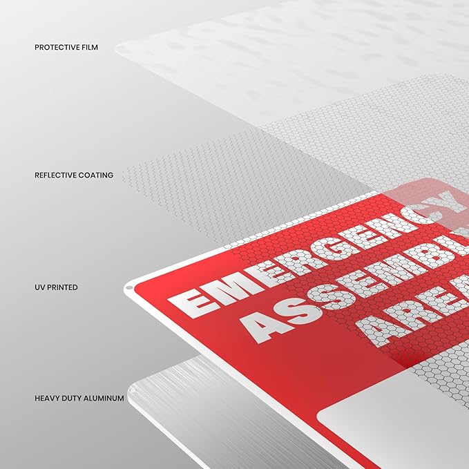 2 Pack Emergency Assembly Area 1 Sign 18 × 12 Inches Aluminum Reflective Safety Signage with Pre-Drilled Holes for Business Construction Site Warehouse