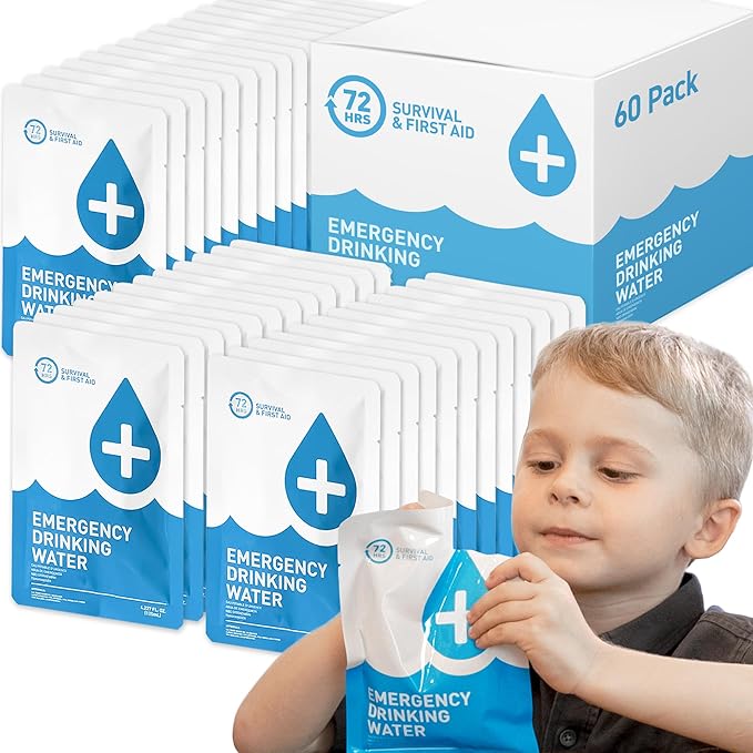 72 HRS Emergency Water Pouches - Survival Water Packets, Emergency Rations, Long Shelf Life, Survival kit (Pack of 60)
