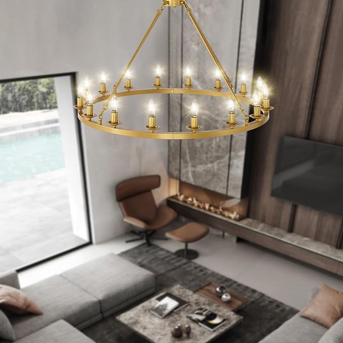 Wagon Wheel Chandelier, 16-Light Gold Modern Rustic Large Farmhouse Chandelier Adjustable Height Light for Ceiling Living Room, Entryways, Foyer, Dining Room, Kitchen