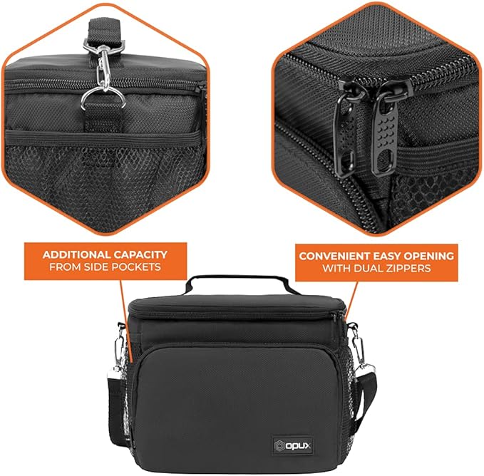 opux Insulated Lunch Bag for Men Women, Soft Lunch Box for Office Work School Picnic, Leakproof Lunch Cooler Bag with Shoulder Strap for Kid Adult Boy Girl, Medium Lunchbox Lunch Tote (Black)