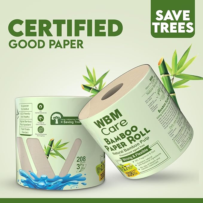 WBM Care Bamboo Toilet Tissue, Strong & Flexible 3-Ply, All Natural Tree Free and Septic Safe Paper Towels, 250 Sheets Each Roll, Total 7500 Sheets, 30 Rolls