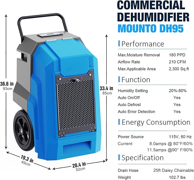 MOUNTO 180Pints Commercial Dehumidifier with Pump and Drain Hose, LGR Portable Dehumidifier with wheels for Home, Basements, Garages, and Job Sites.