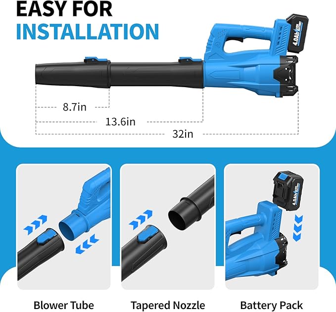 Leaf Blower Cordless, 21V Powerful Leaf Blower with 2 x 4.0Ah Battery & Fast Charger, Lightweight Electric Leaf Blowers for Lawn Care, Yard, Patio Cleaning, Blowing Leaves & Dust (Blue)