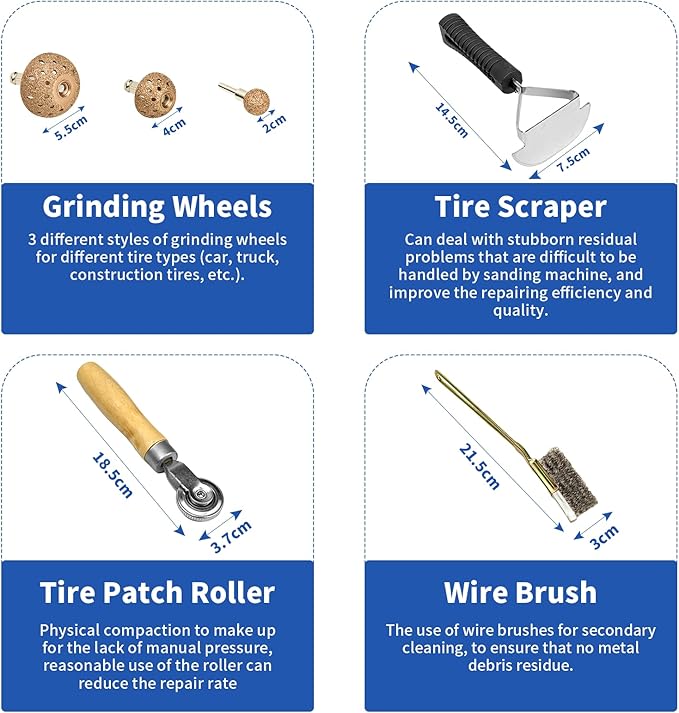 2500rpm Low-Speed Air Tire Repair Kit, Pneumatic Tire Buffer, Tire Patch Roller, Inner Liner Scraper, Tungsten Steel Buffing Wheels (42mm & 55mm) with Quick-Change Chuck, Variable Speed Throttle