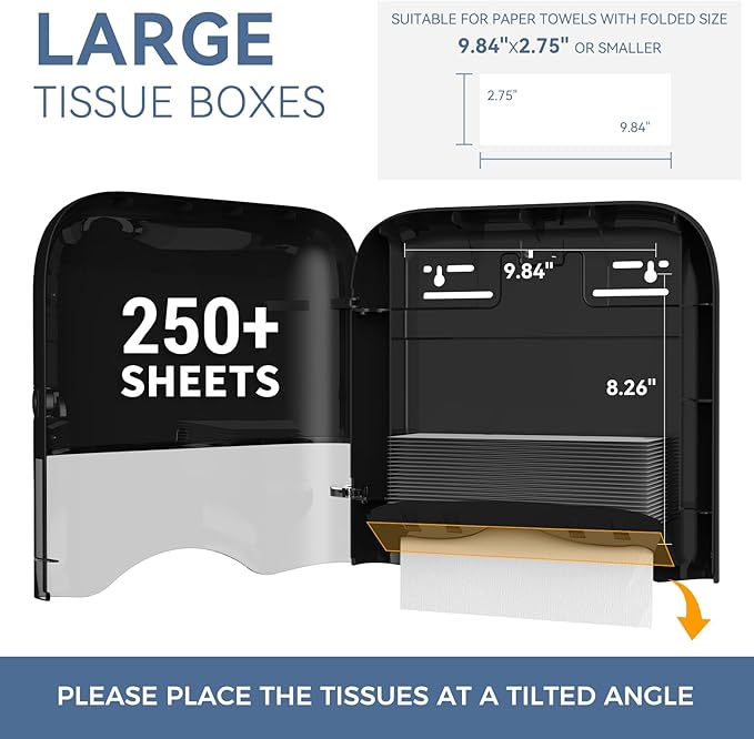 Commercial Paper Towel Dispenser Wall Mount Adhesive 250+ Multifold Trifold c-Fold Folded Hand Towel Dispenser for Bathroom 12" L x 3.8" W x 11.9" H