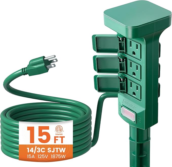 SURAIELEC Outdoor Power Stake Waterproof, 6 Grounded Outlets Power Strip Weatherproof, 15FT Extension Cord Outlet for Yard, Garden, Christmas Light, Patio Lights, Ponds, 1875W/15A, Green