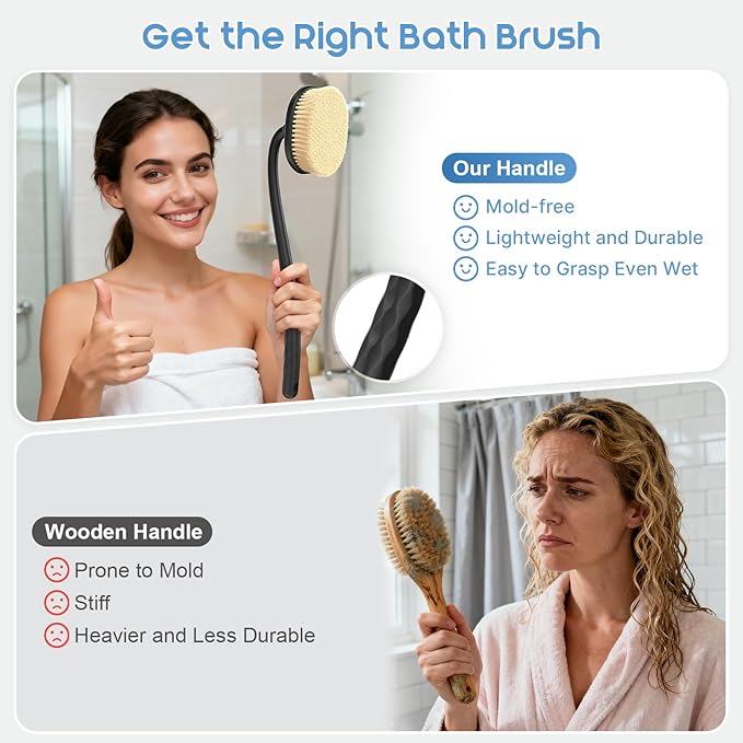 Flexible Up-Down Movement Back Scrubber for Shower for Men & Women, 3 Detachable Back Brush Heads Includes Silicone Body Scrubber, Sponge Bath Brush & Bristle Shower Brush, Wet/Dry Brush, Black