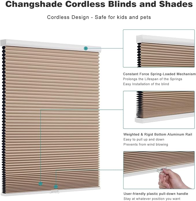 Changshade Cordless Cellular Shades, Blackout Honeycomb Shades for Windows, Pull Down Pleated Blinds, Easy to Install for Indoor Windows and French Doors,58" W x 72" H, Light Brown