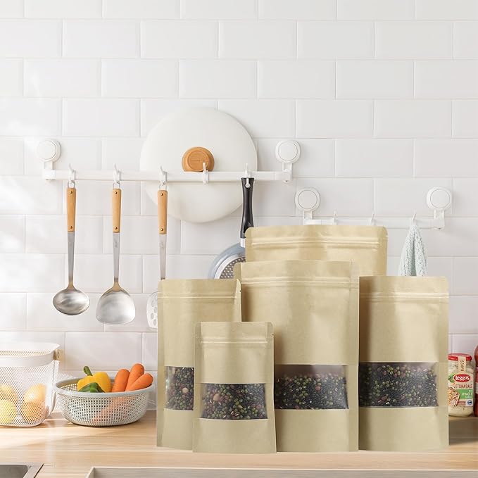 100 Pack Bags, Resealable Bags with Clear Window, Stand-up Bags for Sealing Storage, Scratch Resistant Hand Storage Bags. (Kraft Paper, 5.5×7.9 Inch)