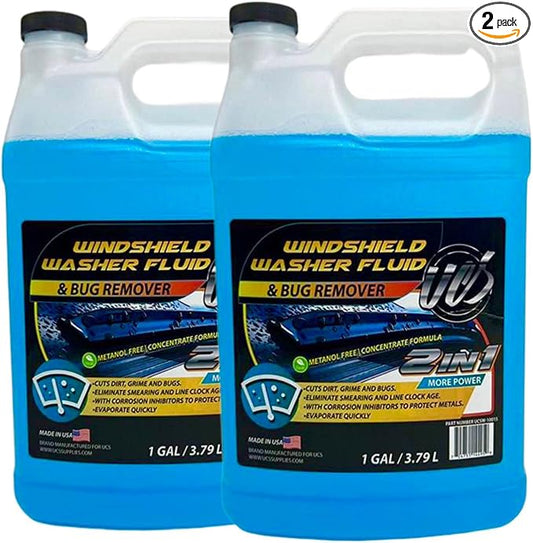 UCS 2-in-1 Windshield Washer Fluid 2-Pack (1 Gallon Each, 256 fl oz Total) – Ready to Use, Streak-Free Formula, All-Weather Cleaning, Removes Bugs, Dirt & Road Grime – Premium Windshield Cleaner